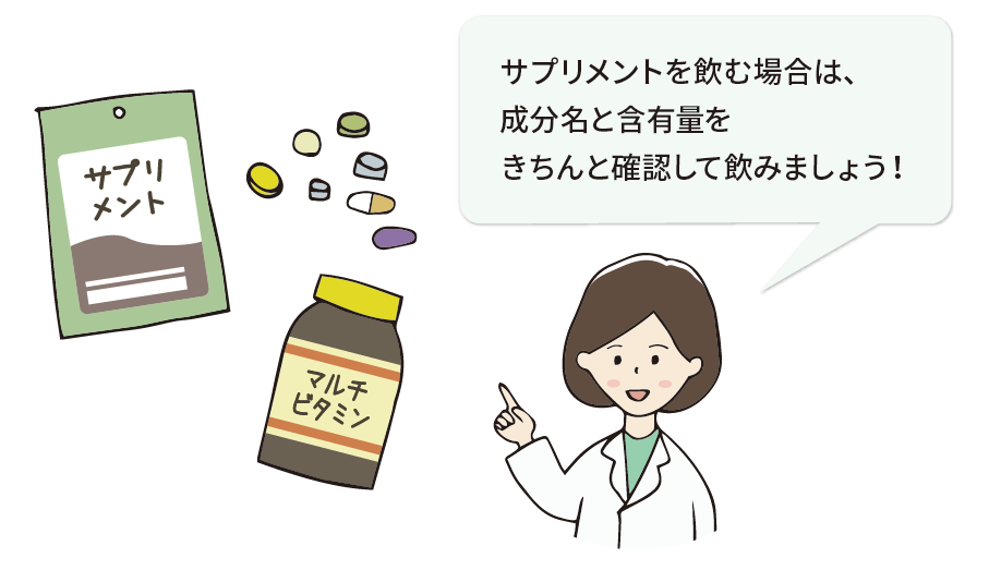 サプリメントを飲む場合は、成分名と含有量をきちんと確認