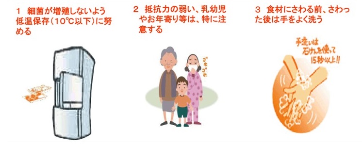 細菌性食中毒予防のポイント画像。細菌が増殖しないよう低温保存（10℃以下）に努める。抵抗力の弱い、乳幼児やお年寄り等は、特に注意する。食材にさわる前、さわった後は手をよく洗う（石けんを使って15秒以上）。